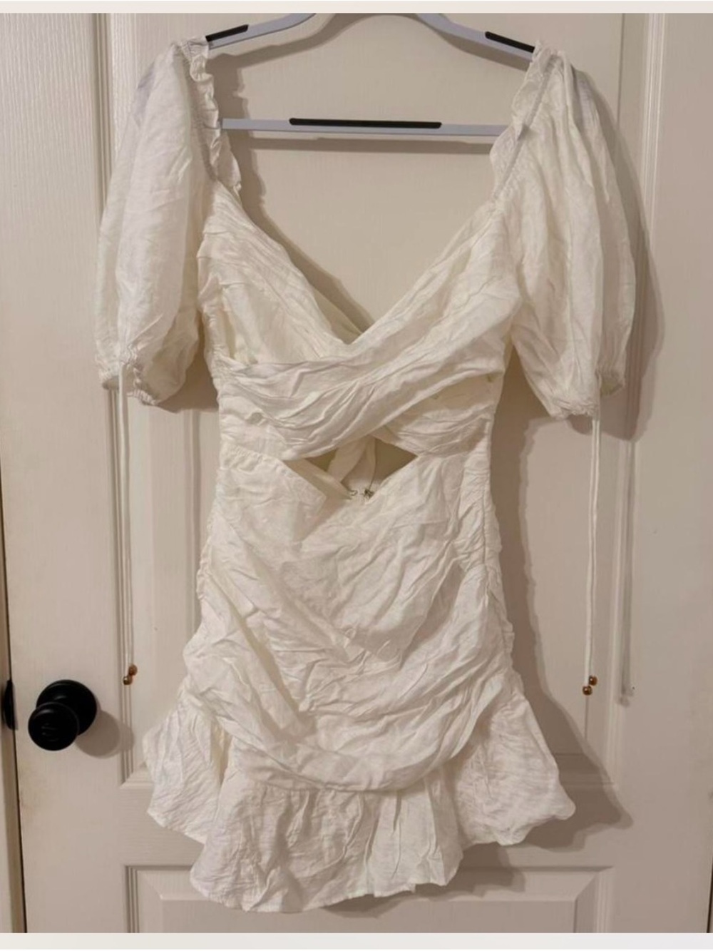 Hello Molly Ivory Puff Sleeve Cutout Mini Dress